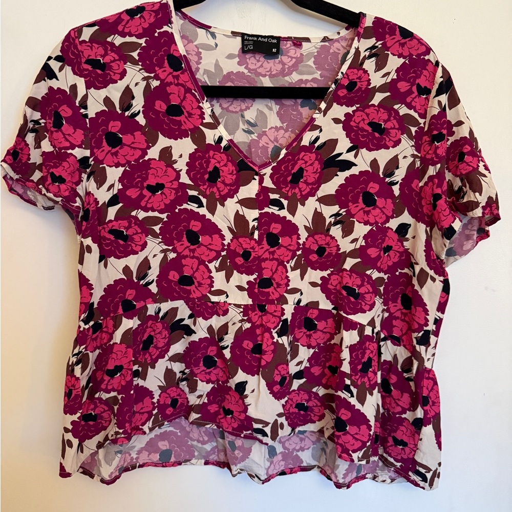 Frank And Oak Floral Peplum Blouse Pink Cream EcoVero Top Size L